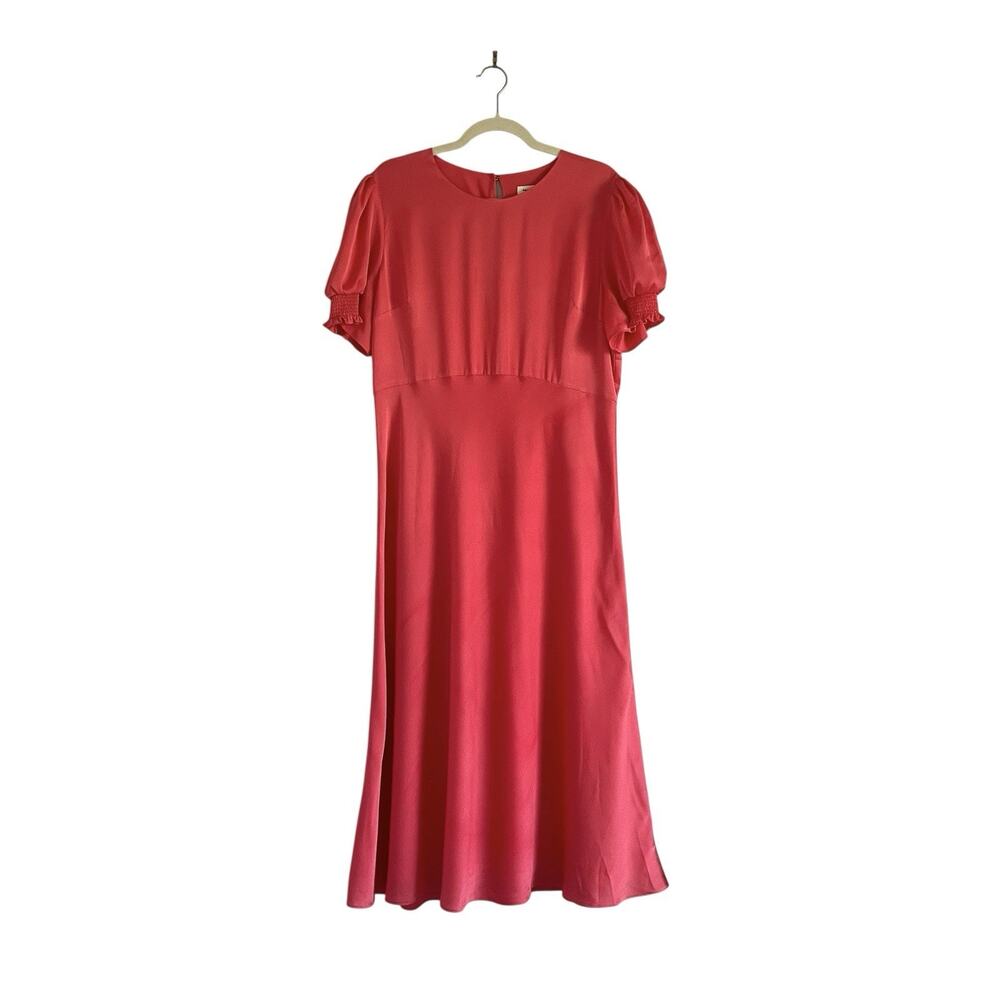 Ted Baker Textured Satin Midi Dress Size 12 Coral Pink Puff Sleeve modest chic - Picture 3 of 12